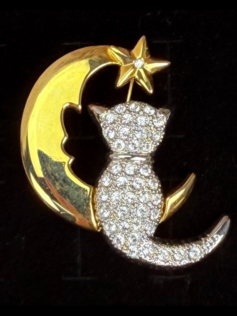 Vintage Goldtone and Silvertone Cat Crescent Moon Bling Brooch Pin